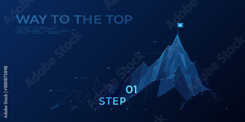 Visualizing success A geometric mountain path with a flag at the peak