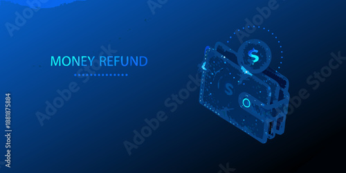 Digital money refund concept with glowing wallet and dollar sign illustration