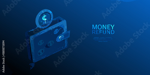 Blue isometric illustration of a wallet with a coin and refund text