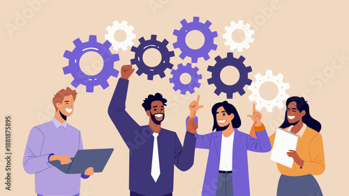 Teamwork and innovation people collaborating with gears representing complex systems