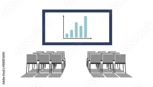 Presentation screen with bar graph data and two rows of empty chairs for a meeting room setup