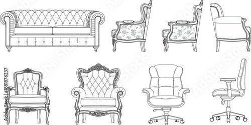 An array of elegant furniture pieces presented with meticulous detail, inviting viewers to explore the intricacies of design, inviting a sense of sophistication and refined taste.