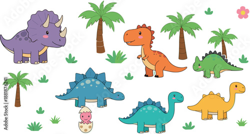 Large vector set of cute cartoon dinosaur characters featuring T-Rex Triceratops Stegosaurus and tropical palm trees for kids.