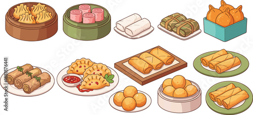 Asian Dim Sum And Traditional Snack Food Vector Set With Dumplings Spring Rolls And Street Food
