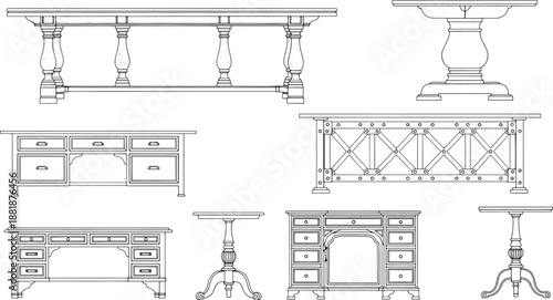 Intricate line drawings of elegant furniture pieces showcasing the beauty of design and craftsmanship, perfect for interior design.