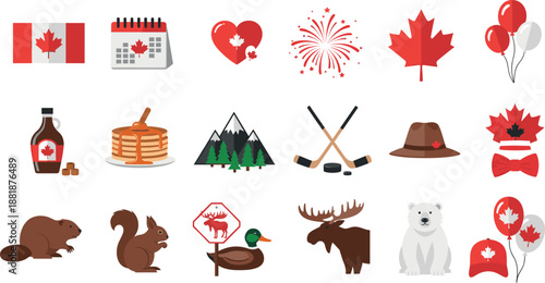 Collection of Canadian cultural icons featuring maple leaves flag moose beaver and hockey symbols for Canada Day celebrations.