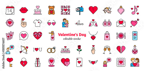 Collection of 48 minimalist outline icons for Valentine Day. Includes heart, gift,  champagne, flowers, and sweets. High-quality vector set with editable stroke  and colorful fill isolated on white.