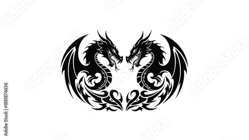 Symmetrical black tribal tattoo design of two fierce winged dragons facing each other with intricate tails on a white background.