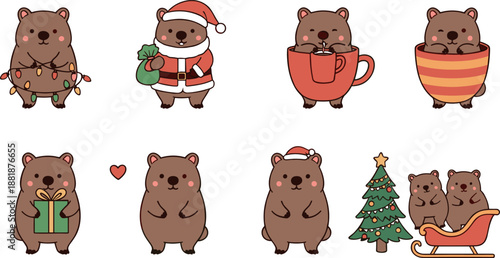 Collection of cute Christmas wombat characters featuring Santa hats festive lights gift boxes and decorated holiday trees vector.
