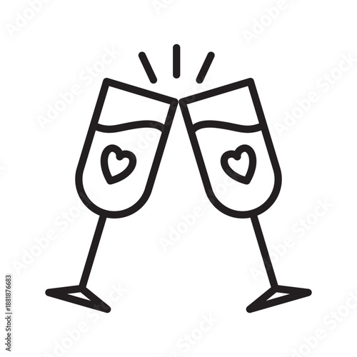 Minimalist outline vector icon of two clinking champagne glasses with hearts. Concept for romantic toast, wedding, or Valentine Day date. Editable stroke isolated on white.