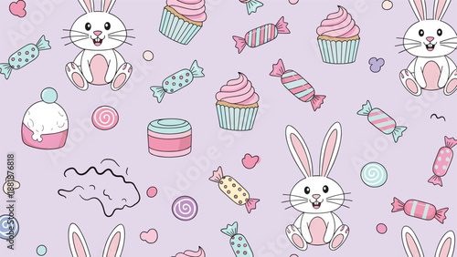 Seamless repeating pattern of cute white Easter bunnies with pink ears, cupcakes, and wrapped candies on a pastel purple background.