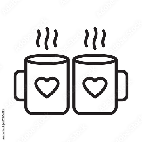 Minimalist outline vector icon of two steaming mugs with hearts. Concept for romantic breakfast, cozy date, or Valentine Day drink. Editable stroke isolated on white.