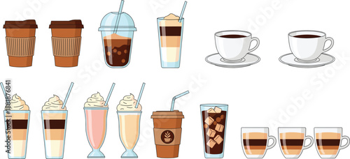 Coffee And Iced Beverage Vector Set With Cups Glasses And Takeaway Drinks For Cafe Menu Designs