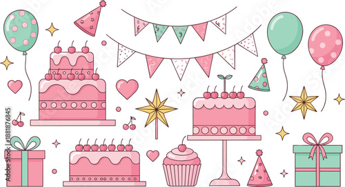 Festive birthday celebration vector set with tiered pink cakes cupcakes party hats balloons and gifts for greeting card designs.