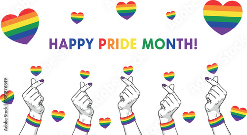 Happy pride month vector banner with rainbow hearts and hand gestures for lgbtq community celebration and social awareness