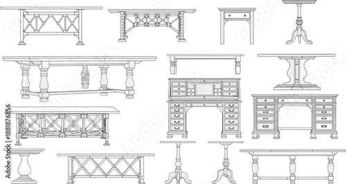 A collection of diverse, intricately designed tables, showcasing a variety of styles, from classic to modern, highlighting craftsmanship and furniture design.