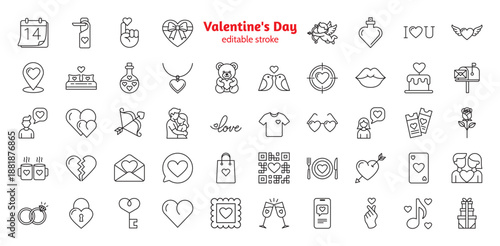 48 editable stroke Valentine’s Day icons: hearts, gifts, love letters, rings, lips, Cupid, calendar 14, teddy bear, rose, champagne, romantic gestures, and wedding symbols.