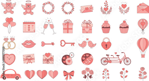 Large collection of romantic Valentine's Day icons featuring pink hearts teddy bears love letters and wedding rings vector.