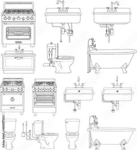 A comprehensive array of essential household fixtures and appliances, precisely outlined in black and white.