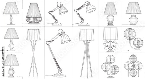 A grid arrangement of diverse lamps, showcasing various styles and designs. Meticulously captured in a detailed technical drawing, accentuating the elegance of architectural illumination.