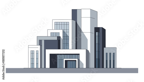Modern architecture building complex standing tall with geometric shapes minimalist illustration on white background