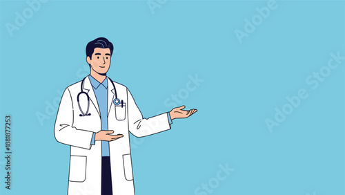 Friendly male doctor in a white coat with a stethoscope gestures with open hands to present information on a plain blue background.