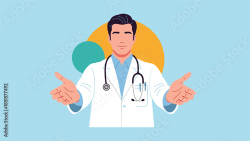 Friendly and confident male doctor in a white coat with a stethoscope, welcoming patients with open arms on a blue background.