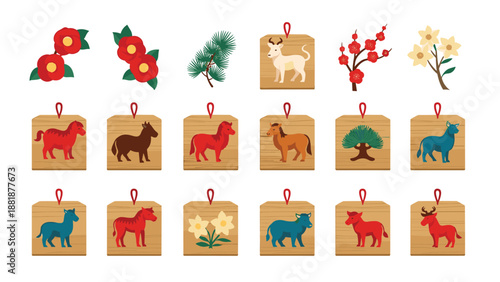 Collection of Japanese ema wooden wishing plaques with illustrations of zodiac animals, pine, plum blossoms, and camellia flowers.