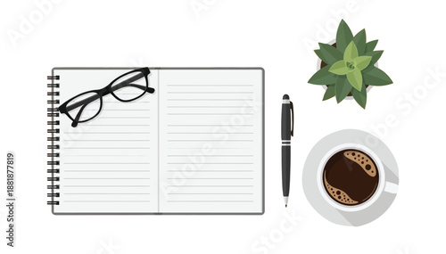 Open spiral notebook black rim glasses pen coffee cup green plant a white background flat lay
