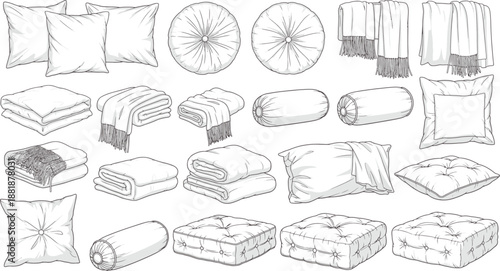 A variety of soft, fluffy pillows and throws, illustrated in a clean, minimalist style, offer a sense of comfort.