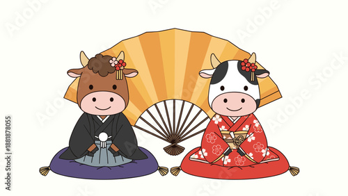 Adorable illustration of a male and female cow in traditional Japanese kimono sitting on cushions for the Year of the Ox.