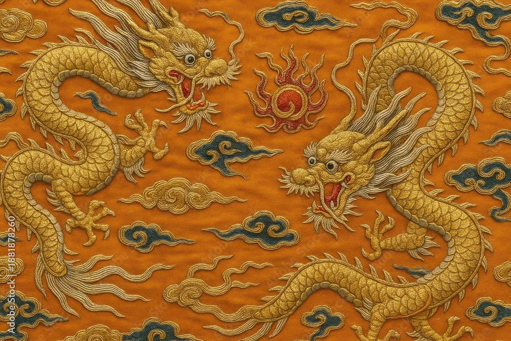 Fototapeta premium Intricate dragons on orange fabric