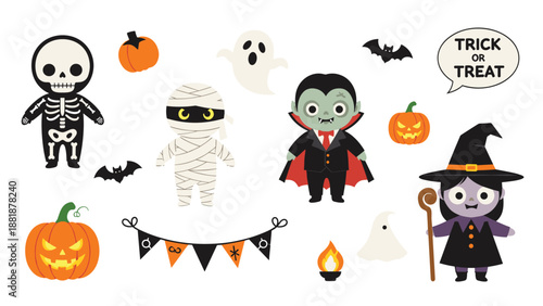 Set of cute Halloween characters and decorations including a skeleton, mummy, vampire, witch, ghost, pumpkins, and other spooky items.