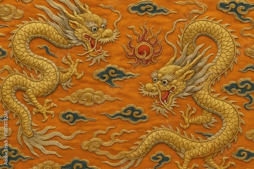 Wallpaper Mural Intricate dragons on orange fabric Torontodigital.ca