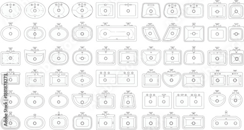 A grid of meticulously rendered, assorted washbasins, presented in an array of shapes and designs, ready for interior design applications.