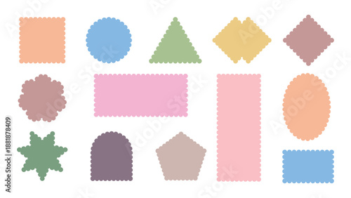 Geometric shapes with scallop and zigzag edges set. Zig zag edge circle, square, rectangle, round shape collection.