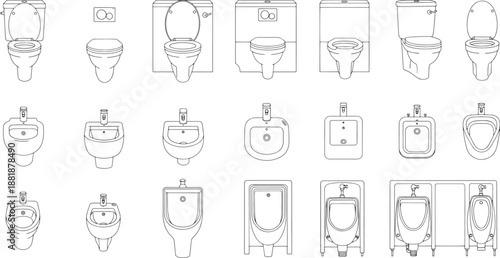 A comprehensive collection of line art illustrations featuring diverse designs of bathroom fixtures, including toilets, bidets, and sinks, capturing a blend of minimalist elegance.