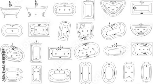 An array of sleek, modern bathtubs, each showcasing distinctive design and features. A diverse collection, showcasing the elegance of contemporary bathroom design.