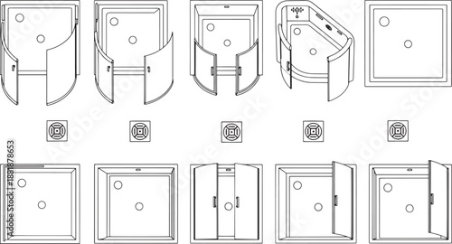Modern shower cabin with transparent glass doors, an array of minimalist design and high-angle perspective, emphasizing clean lines and functionality.