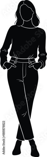   
Silhouette of person in relaxed pose with hands in pockets, fashion and posture theme illustration, transparent background graphic