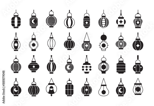 Set of ramadan kareem islamic lanterns with moon star and abstract patterns