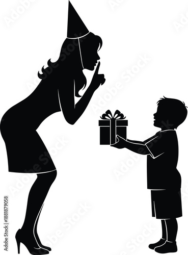 Silhouette of woman and child with gift and party hat, celebration and affection theme illustration, transparent background graphic