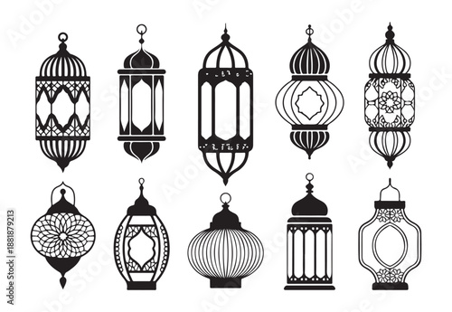Set of ten traditional islamic ramadan lanterns black and white silhouette vector collection