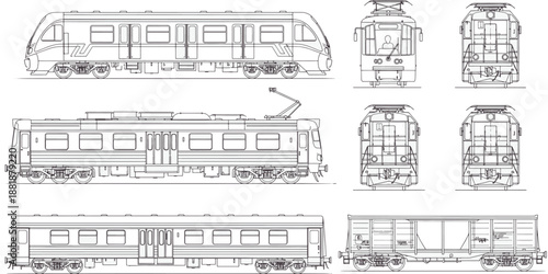 Detailed line drawing showcasing diverse train carriages, illustrating various aspects of modern rail transportation, presented in a clean and technical style.