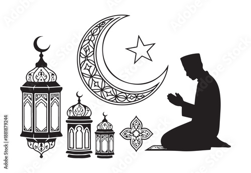 Silhouettes of prayer symbols mosque lamp crescent moon and worshiper praying for islam