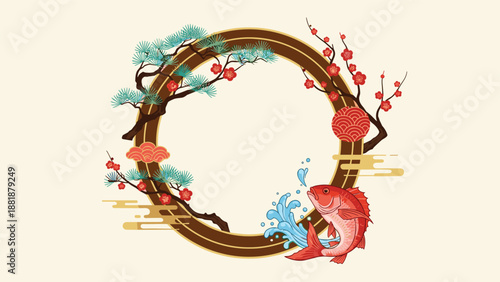 Ornate circular Japanese frame with pine and plum blossom branches, a lantern, and a red sea bream fish leaping from water.