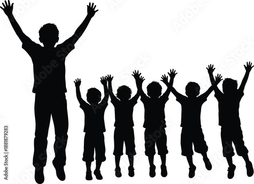 Silhouettes of adult and children with raised arms in a row, celebration and unity theme illustration, transparent background graphic