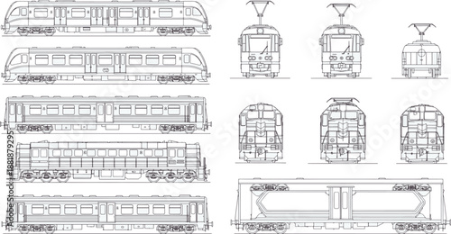 Detailed line drawings showcase an array of passenger trains and trams. Each carefully rendered vehicle offers a comprehensive view, ideal for transportation and engineering projects.