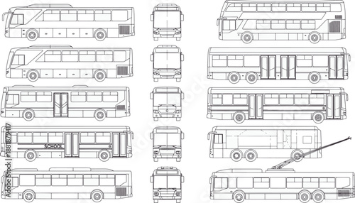 A collection of intricately detailed buses. a range of transportation options displayed in a meticulously crafted technical illustration.