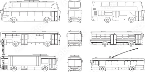 A detailed collection of public transport vehicles, featuring a variety of buses. perfect for architectural studies and illustrating urban mobility.